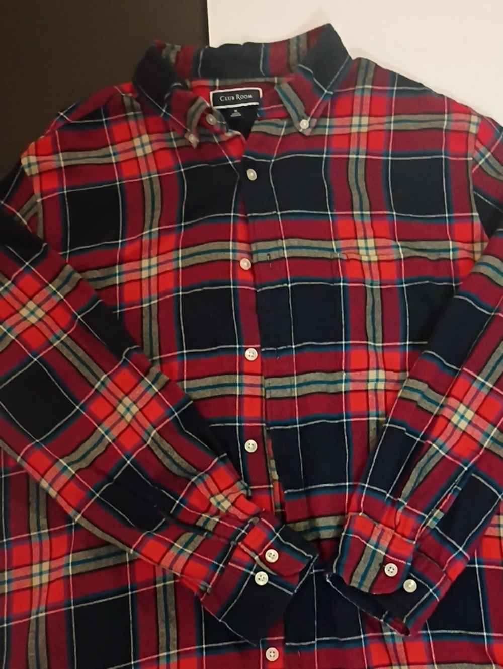 Club Room Mens Red Navy Plaid Button-Down Flannel Shirt